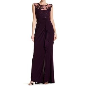 Marina Evening Gown Women 12 Eggplant Purple Mesh Lace Sequins Floral Front Slit